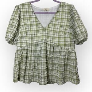 Entro Checkered Gingham Green White Ruched Puff Sleeve Women‎ Blouse Size Medium